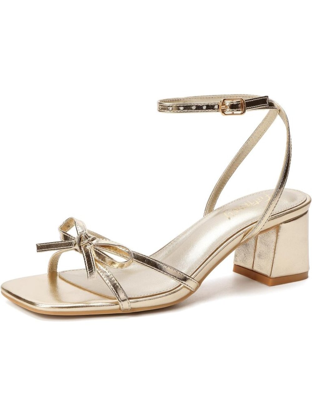 Women's Matte Gold Square Open Toe Bow Strappy Block Chunky Low Heels Sandals
